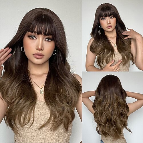 

Synthetic Wig Natural Wave With Bangs Machine Made Wig 26 inch Ombre Brown Synthetic Hair Women's Brown