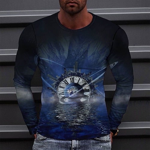 

Men's T shirt Tee Tee Graphic Round Neck Blue Long Sleeve 3D Print Casual Daily Print Tops Fashion Designer Comfortable Big and Tall