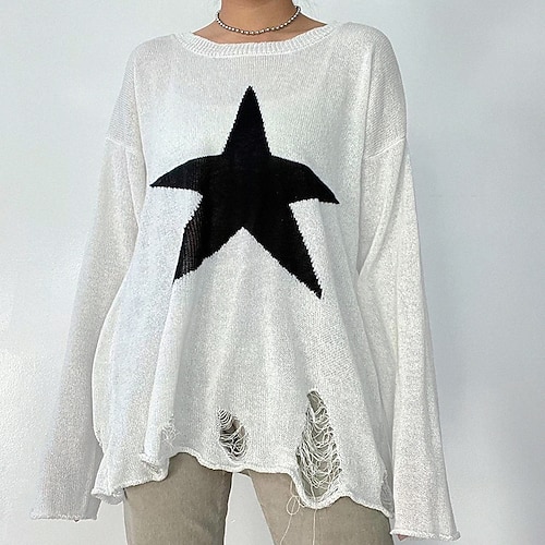 

Suéter pulôver feminino jumper de malha com nervuras de malha rasgado estrela gola redonda elegante casual férias diárias outono inverno branco l