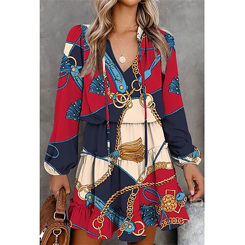 

Women's Casual Dress A Line Dress Short Mini Dress Green White Black Yellow Khaki Red Long Sleeve Floral Geometric Leopard Ruffle Print Fall Winter V Neck Casual Modern Loose 2022 S M L XL XXL 3XL