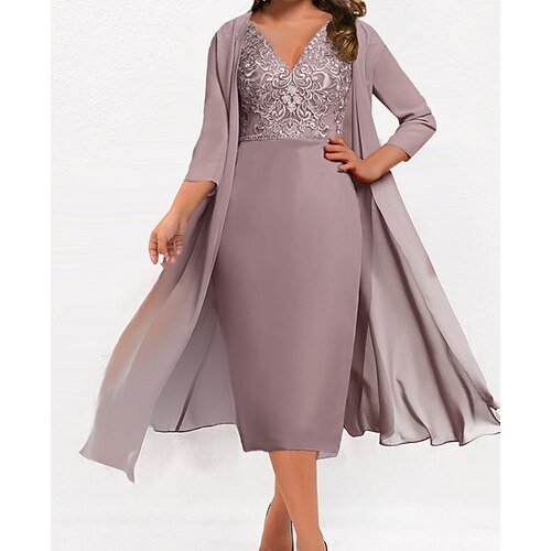 

Women's Plus Size Two Piece Dress Pure Color V Neck 3/4 Length Sleeve Spring Fall Formal Midi Dress Date Work Dress
