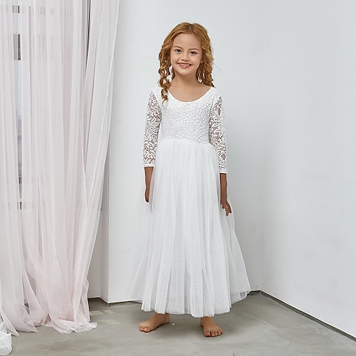 

Kids Little Girls' Dress Solid Colored A Line Dress Party Vacation Lace White Gray Pink Asymmetrical Long Sleeve Princess Sweet Dresses Fall Winter Regular Fit 3-10 Years