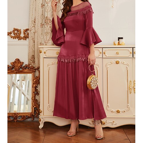 

Women's Chiffon Dress Maxi long Dress Red 3/4 Length Sleeve Pure Color Chiffon Spring Summer Crew Neck Personalized Stylish Elegant Luxurious Flare Cuff Sleeve Slim Boom Sale Dress S M L XL