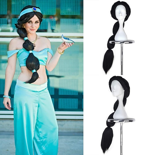 

parrucca cosplay della principessa del gelsomino parrucche sintetiche molto lunghe dritte nere intrecciate parrucche della parte centrale per parrucche di travestimento di carnevale delle donne