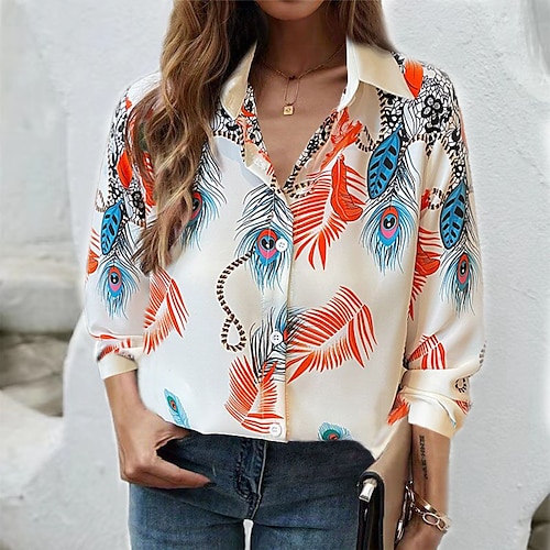 

Women's Blouse Graphic Color Block Casual Daily Work Blouse Shirt Long Sleeve Print Shirt Collar Elegant White S