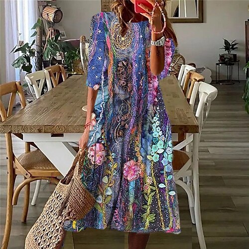 

Women's Casual Dress Shift Dress Midi Dress Purple 3/4 Length Sleeve Floral Ruched Print Fall Spring Round Neck Casual Vacation 2022 S M L XL XXL 3XL