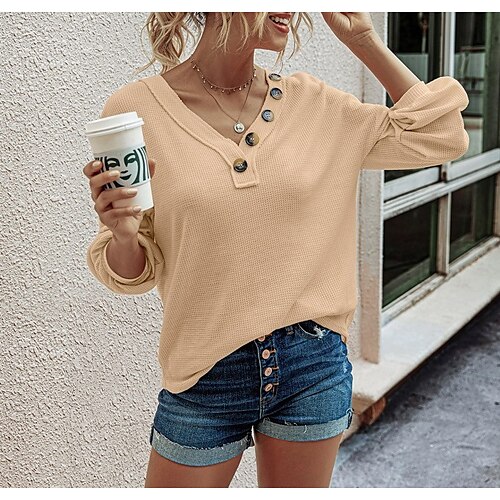 

Women's Shirt Plain Daily Weekend Shirt Long Sleeve Button V Neck Casual Streetwear Black Purple Army Green S
