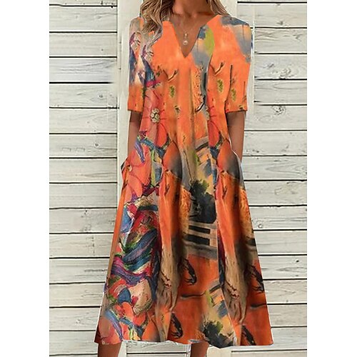

Women's Casual Dress Midi Dress Orange Short Sleeve Floral Button Spring Summer V Neck Weekend 2022 S M L XL XXL 3XL