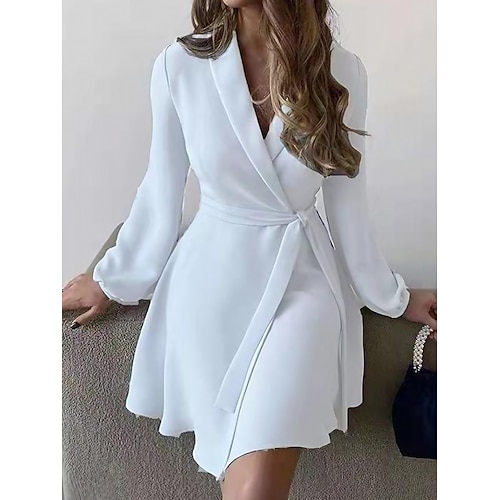 

Vestido blazer feminino curto mini vestido azul claro manga longa cor pura rendas outono inverno camisa gola elegante elegante moderno 2022 3xl