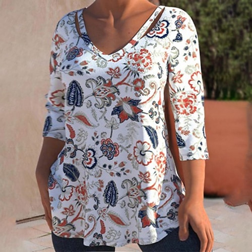

Women's Plus Size Tops T shirt Tee Floral Cut Out Print Long Sleeve V Neck Streetwear Daily Vacation Polyester Fall Winter White Navy Blue