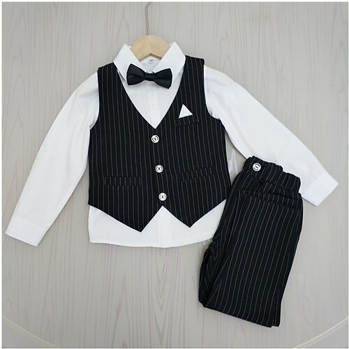 

Kids Boys Shirt Pants Clothing Set 4 Pieces Long Sleeve Black Blue Stripe School Formal Gentle Preppy Style 3-13 Years