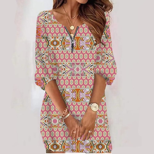 

Femme Robe casual manche longue Hiver Automne - Classique Zippé Imprimer Col Ras du Cou robe hiver robe automne 2022 Rose Claire XS S M L XL 2XL 3XL 4XL 5XL 6XL