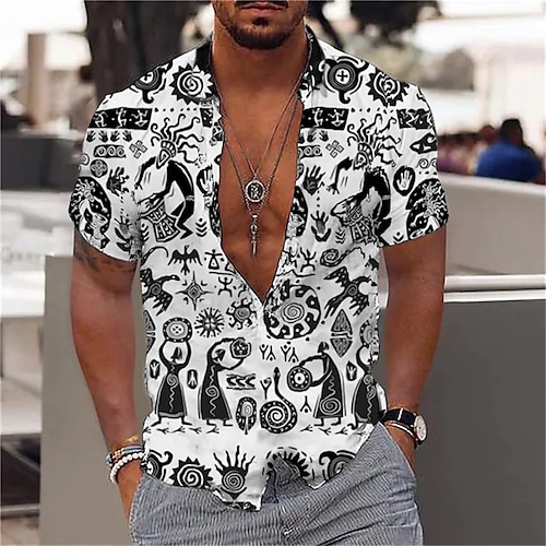 

Men's Shirt Tribal Turndown Black Short Sleeves 3D Print Outdoor Street Button-Down Print Tops Vintage Designer Ethnic Style Casual / Summer / Spring / Summer