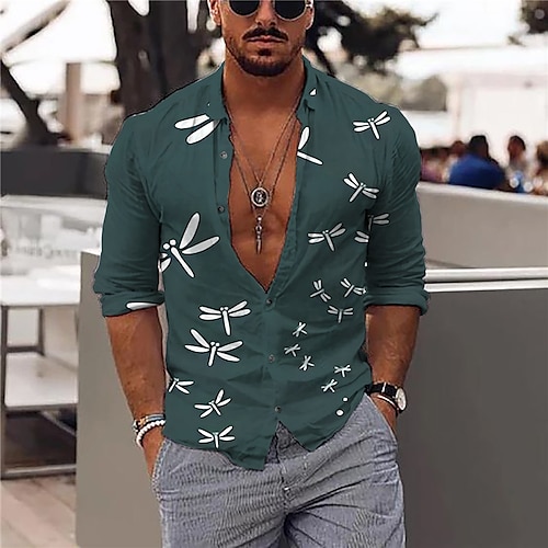 

Men's Shirt 3D Print Dragonfly Animal Turndown Street Casual Button-Down Print Long Sleeve Tops Designer Casual Fashion Breathable Green