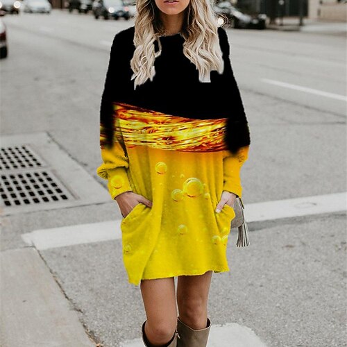 

Women's Hoodie Dress Shift Dress Short Mini Dress Pink Yellow Long Sleeve Print Cat Letter Pocket Print Fall Winter Hooded Casual Loose 2022 S M L XL XXL 3XL