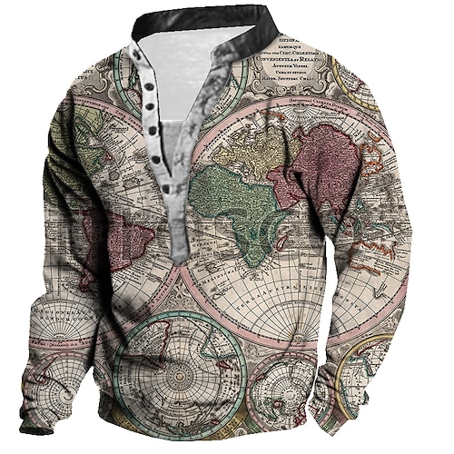 

Men's Unisex Sweatshirt Pullover Button Up Hoodie Khaki Standing Collar Map Graphic Prints Print Casual Daily Sports 3D Print Streetwear Designer Casual Spring & Fall Clothing Apparel Hoodies