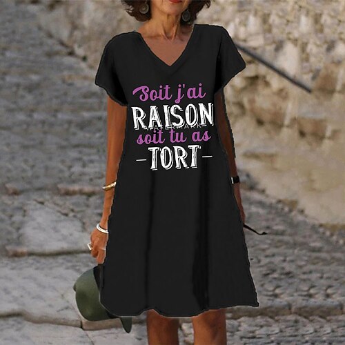 

Women's Shift Dress Knee Length Dress Black Short Sleeve Letter Print Spring Summer V Neck Casual Vacation 2022 S M L XL XXL 3XL