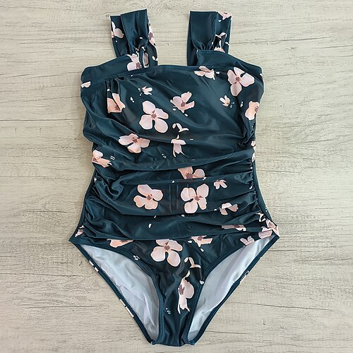 

Traje de baño de una pieza para mujer, monokini, traje de baño normal, sin espalda, con control de barriga, estampado fruncido, flor, verde oscuro, trajes de baño, nuevo, casual, vacaciones/moderno