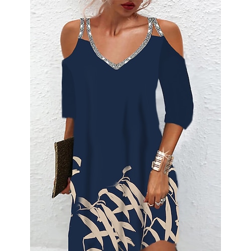 

Women's A Line Dress Casual Dress Short Mini Dress Navy Blue 3/4 Length Sleeve Floral Sequins Cold Shoulder Print Fall Winter Spaghetti Strap Casual Fashion 2022 S M L XL XXL 3XL