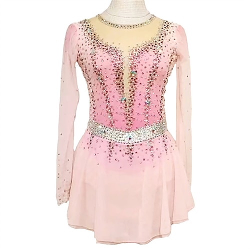 

Figure Skating Dress Women's Girls' Ice Skating Dress Rosy Pink High Elasticity Training Competition Skating Wear Crystal / Rhinestone Long Sleeve Ice Skating Figure Skating / Winter