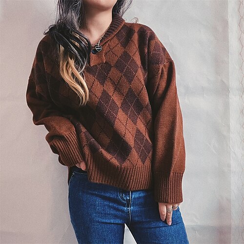 

Women's Pullover Sweater Jumper Crochet Knit Knitted Plaid V Neck Stylish Casual Daily Holiday Fall Winter Green Black S M L / Long Sleeve / Shirt Collar / Regular Fit / Going out