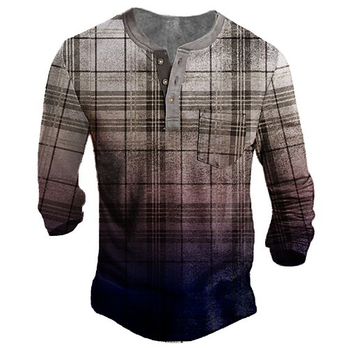 

Men's T shirt Tee Henley Shirt Tee Graphic Lattice Tartan Henley Gray Long Sleeve 3D Print Plus Size Outdoor Daily Button-Down Print Tops Basic Designer Casual Big and Tall / Sports