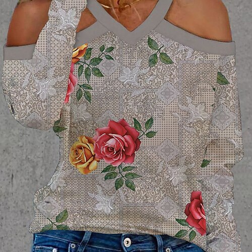 

Women's Blouse Floral Graphic Butterfly Casual Weekend Blouse Long Sleeve Cold Shoulder Print V Neck Basic Green White Blue S / 3D Print