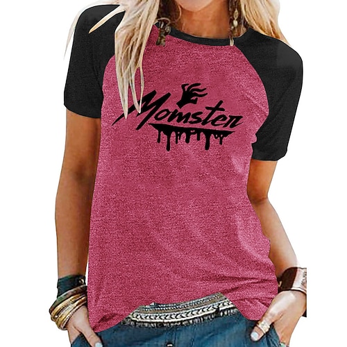 

Women's T shirt Tee Graphic Letter Halloween Casual Daily T shirt Tee Short Sleeve Print Round Neck Basic Green Blue Light gray S