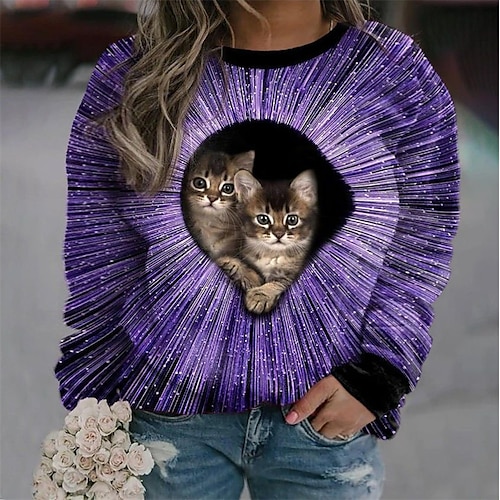 

Women's Plus Size Tops Pullover Sweatshirt Hoodie Sweatshirt Animal Color Block Print Long Sleeve Round Neck Streetwear Daily Vacation Cotton Fall Winter Purple Wine / Cat