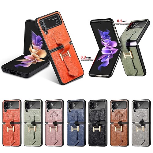 

Phone Case For Samsung Galaxy Flip Z Flip 4 Z Flip 3 Flip with Wrist Strap Shockproof Solid Colored Genuine Leather