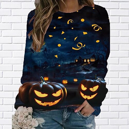 

Women's Sweatshirt Pullover Crew Neck Pumpkin Print Halloween Daily Weekend 3D Print Streetwear Casual Clothing Apparel Hoodies Sweatshirts Black Blue