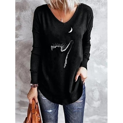 

Women's T shirt Tee Green Blue Black Cat Print Long Sleeve Casual Daily Basic V Neck Regular Loose Fit S