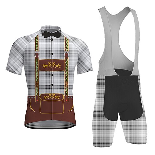 

21Grams Men's Cycling Jersey with Bib Shorts Short Sleeve Mountain Bike MTB Road Bike Cycling Grey Plaid Checkered Bike Clothing Suit 3D Pad Breathable Quick Dry Moisture Wicking Back Pocket