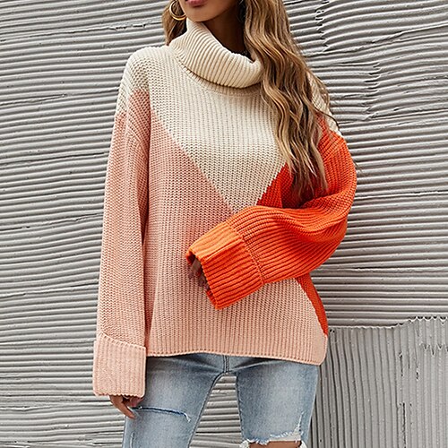 

Women's Pullover Sweater Jumper Crochet Knit Knitted Color Block Turtleneck Stylish Casual Daily Going out Fall Winter Gray Pink S M L / Long Sleeve