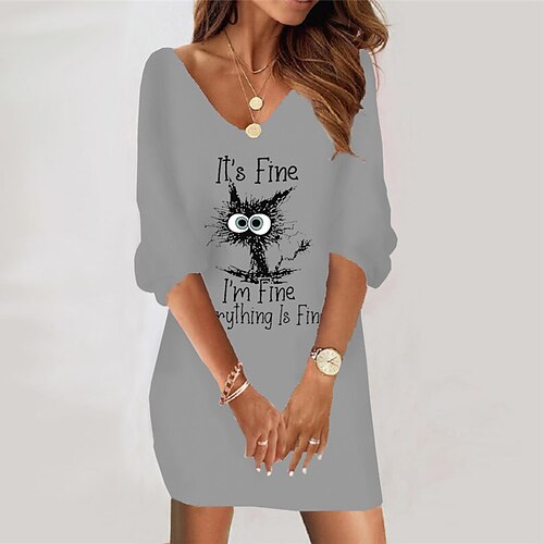 

Women's Bodycon Sheath Dress Short Mini Dress Gray 3/4 Length Sleeve Cat Letter Animal Print Fall Winter V Neck Casual Vacation Loose 2022 S M L XL XXL 3XL / Casual Dress