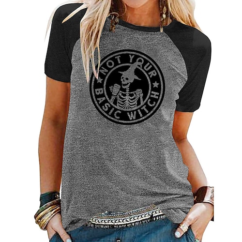 

Women's T shirt Tee Graphic Skull Letter Halloween Casual Daily T shirt Tee Short Sleeve Print Round Neck Basic Green Blue Light gray S