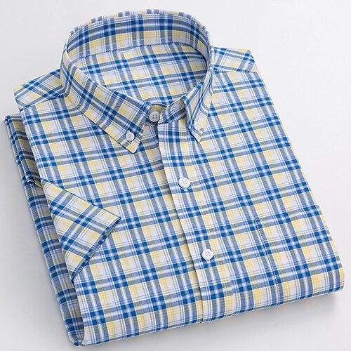

Men's Dress Shirt Plaid Check Shirt Turndown Blue Blue / White Light Blue Print Daily Work Short Sleeve Button-Down Clothing Apparel Cotton Business Casual Comfortable