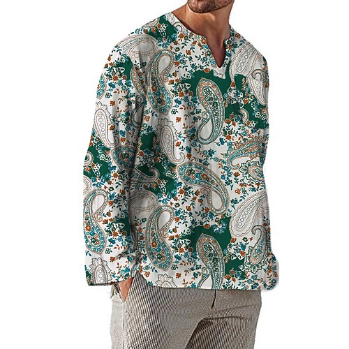 

Men's Shirt 3D Print Graphic Paisley V Neck Street Daily Print Long Sleeve Tops Casual Vintage Classic Slim Fit Light Green