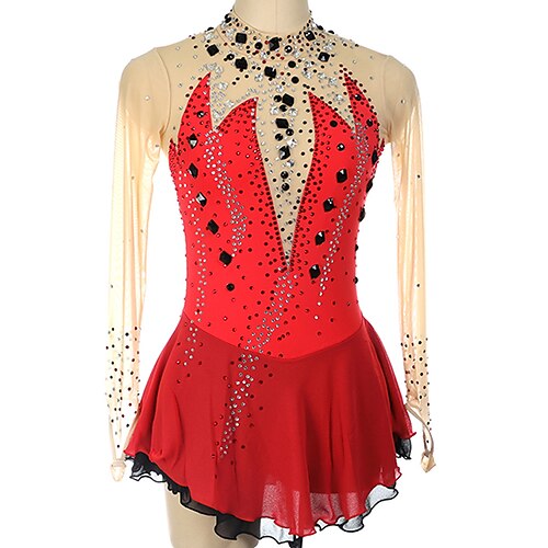 

Figure Skating Dress Women's Girls' Ice Skating Dress Red Thumbhole High Elasticity Training Competition Skating Wear Crystal / Rhinestone Long Sleeve Ice Skating Figure Skating / Winter