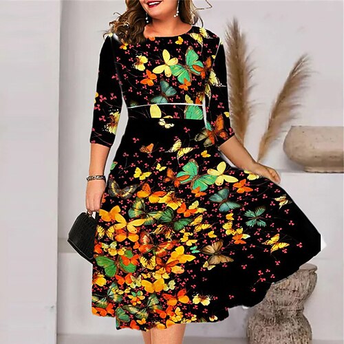 

Women's Plus Size A Line Dress Floral Crew Neck 3/4 Length Sleeve Fall Winter Elegant Casual Midi Dress Daily Vacation Dress / Butterfly / 3D Print