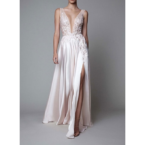 

Linea-A Vestiti da sera Sensuale Vestito Graduazione Lungo Senza maniche Scollo a Illusione Raso con Fessura Con applique 2023
