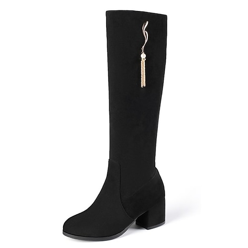 

Women's Boots Daily Knee High Boots Winter Chunky Heel Round Toe Sweet Nubuck Zipper Solid Colored Black Beige