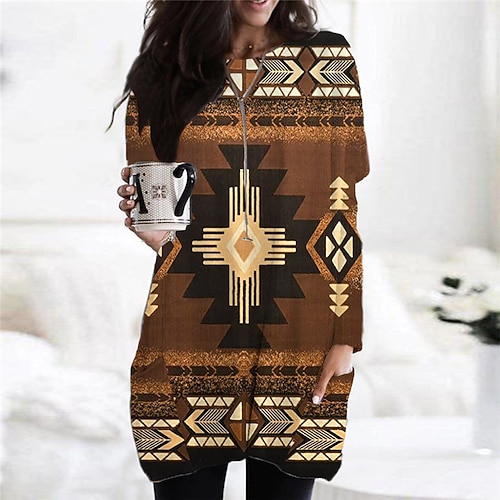 

Women's Shift Dress Casual Dress Short Mini Dress Yellow Long Sleeve Geometric Pocket Print Fall Winter Crew Neck Casual Vacation Loose 2022 S M L XL XXL 3XL