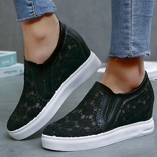 

Dame Slip-Ons Slip-on sneakers Hvide sko udendørs Kontor Daglig Sommer Blonde Flade hæle Rund Tå Afslappet Sød Gang Blonde Læder Hjemmesko Ensfarvet Sort Hvid