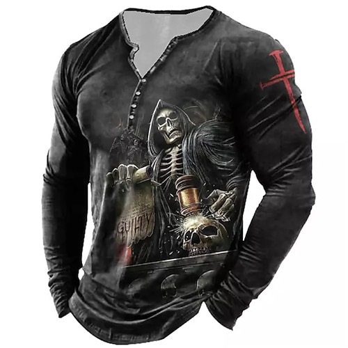 

Men's T shirt Tee Henley Shirt Skull Henley Red Brown Gray Black 3D Print Plus Size Outdoor Halloween Long Sleeve Button-Down Print Clothing Apparel Basic Vintage Designer Classic / Sports