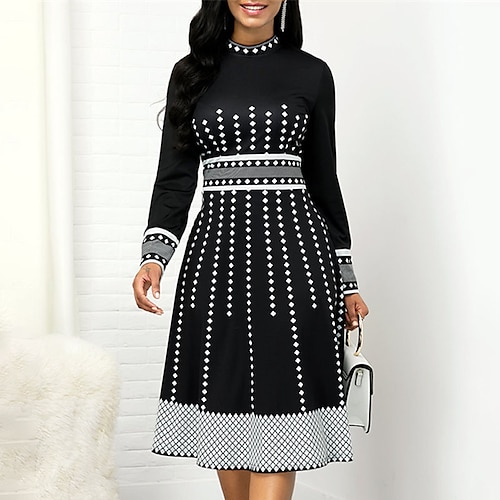 

Women's A Line Dress Modern Dress Midi Dress Green Black Blue Red Long Sleeve Geometric Print Fall Winter Stand Collar Elegant Mature 2022 S M L XL XXL 3XL 4XL 5XL
