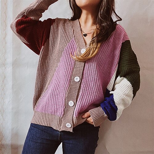 

Women's Cardigan Sweater Jumper Crochet Knit Knitted Patchwork Color Block V Neck Stylish Casual Daily Going out Fall Winter Gray Pink S M L / Long Sleeve