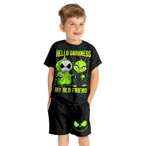 

Kids Boys Halloween T-shirt Shorts Clothing Set 2 Pieces Short Sleeve Black Cartoon Letter Crewneck Print Street Sports Vacation Fashion Comfort Cool Daily 3-13 Years