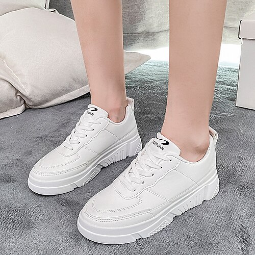 

Women's Sneakers Outdoor Daily Comfort Shoes White Shoes Lace-up Flat Heel Round Toe Casual Sweet Walking Shoes PU Leather Lace-up Solid Colored Pink White