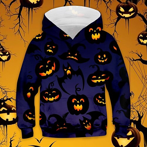 

Kids Boys Halloween Hoodie Pumpkin Outdoor 3D Print Long Sleeve Pocket Active 3-13 Years Winter Purple